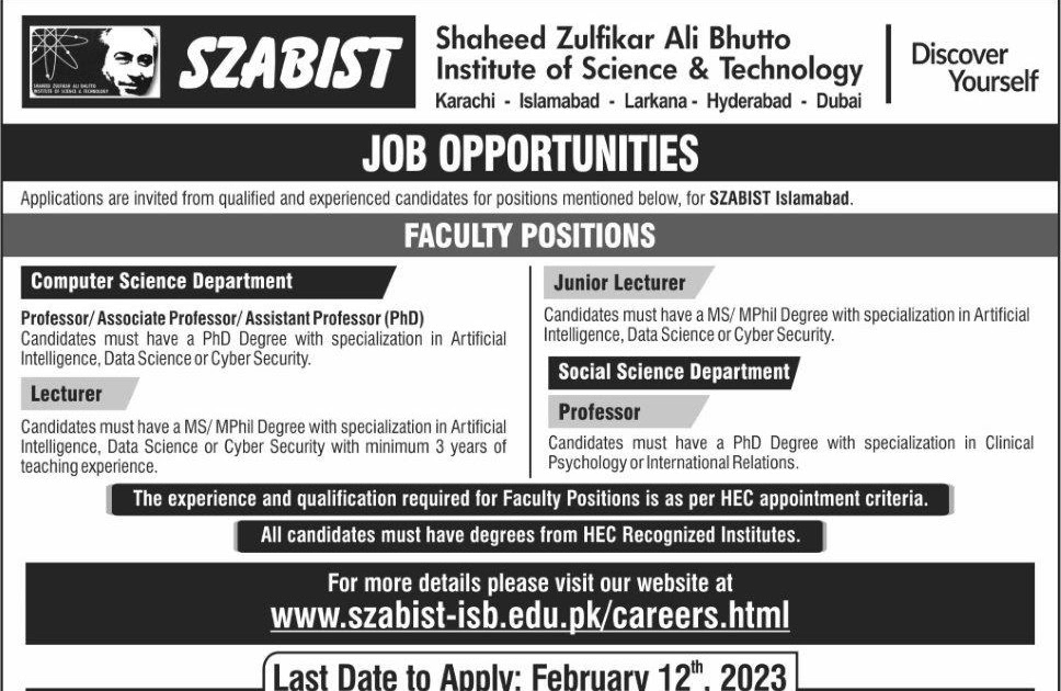 SZABIST Islamabad Campus Jobs 2023