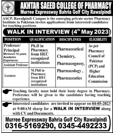 Akhtar Saeed College of Pharmacy Rawalpindi Jobs 2023