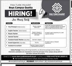 Pak Turk Maarif School Boys Campus Quetta Jobs 2023