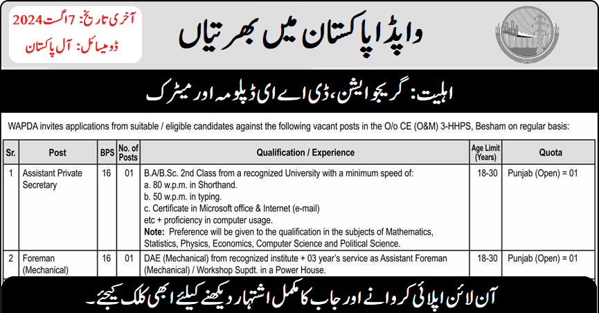 wapda jobs august 2024