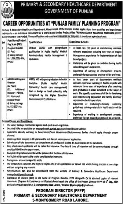 Punjab Family Planning Program Careers 2024 - Apply Online