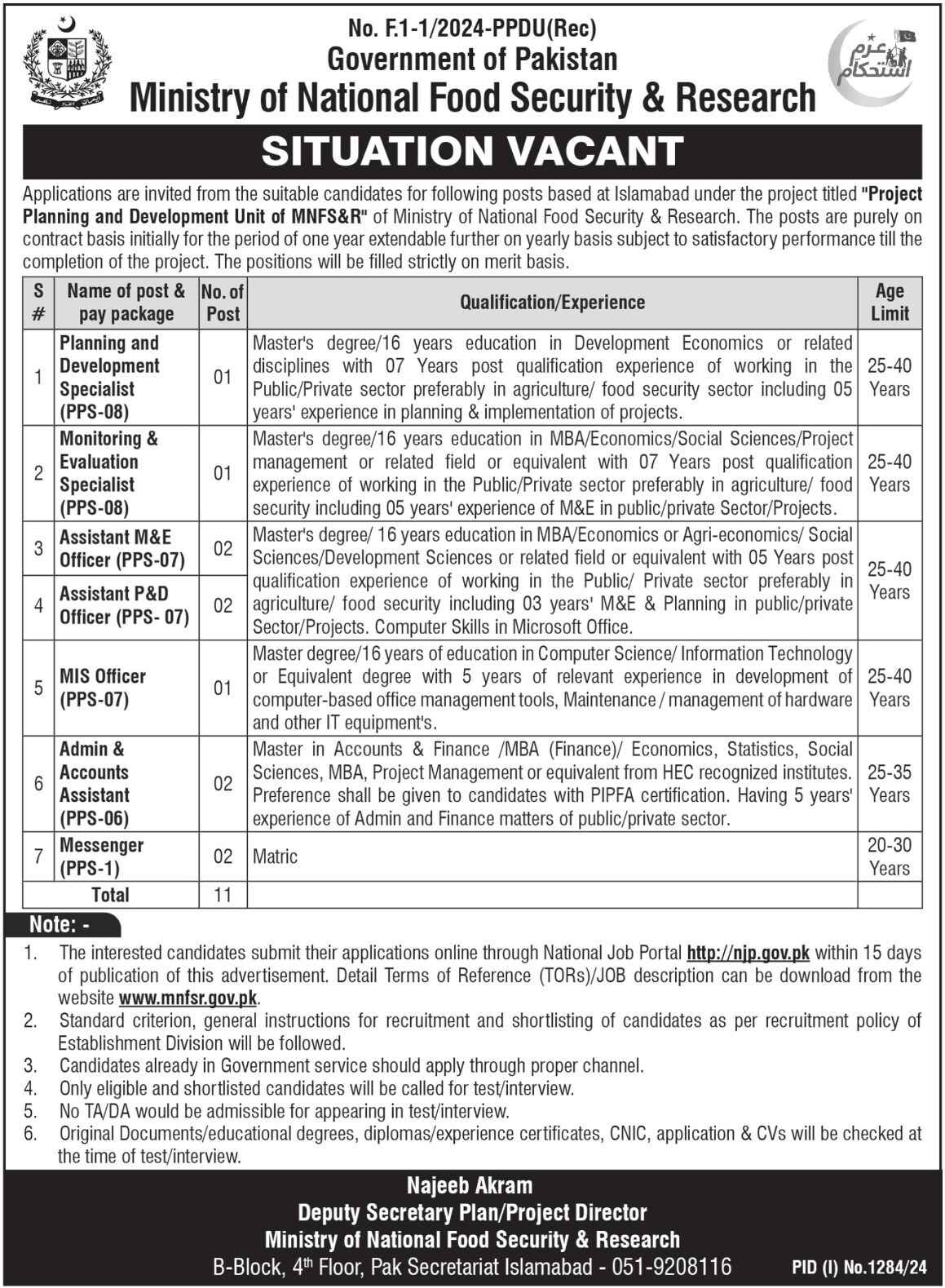 Ministry of National Food Security & Research Jobs 2024