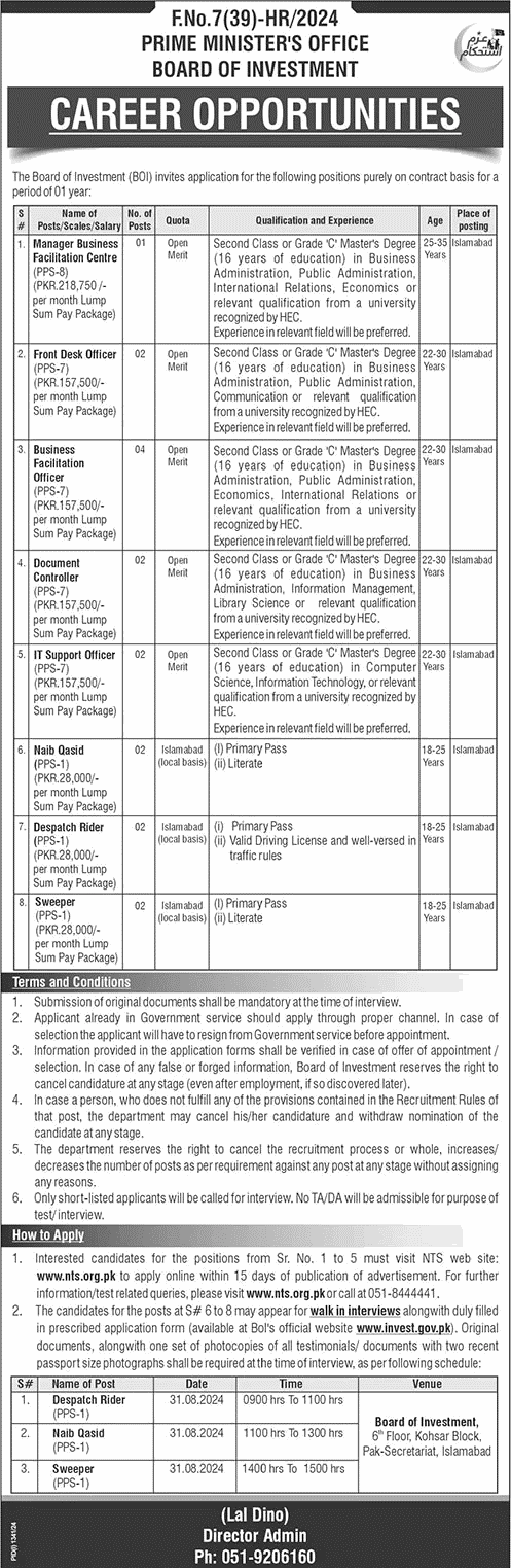 Board of Investment BOI Islamabad Jobs 2024 