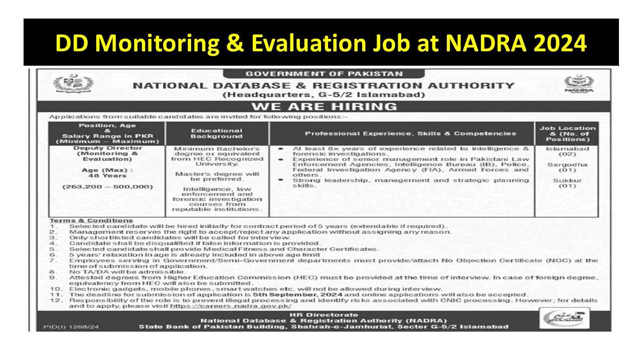 DD Monitoring & Evaluation Job at NADRA 2024