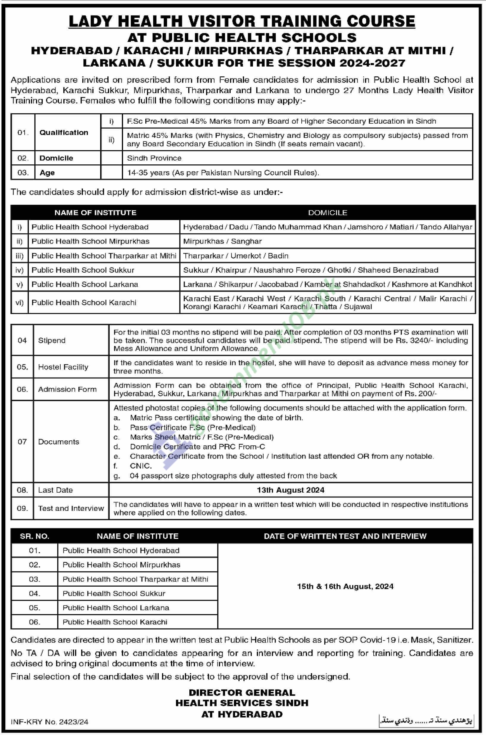 Apply for Lady Health Visitor Training Course 2024-2027 in Sindh