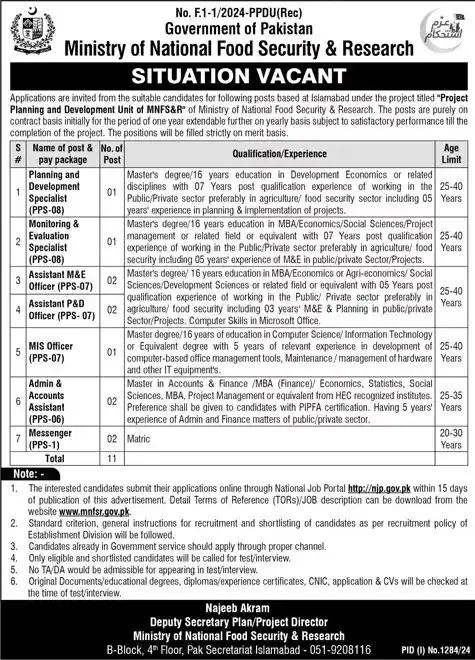 Ministry of National Food Security & Research Jobs 2024 - Apply Now