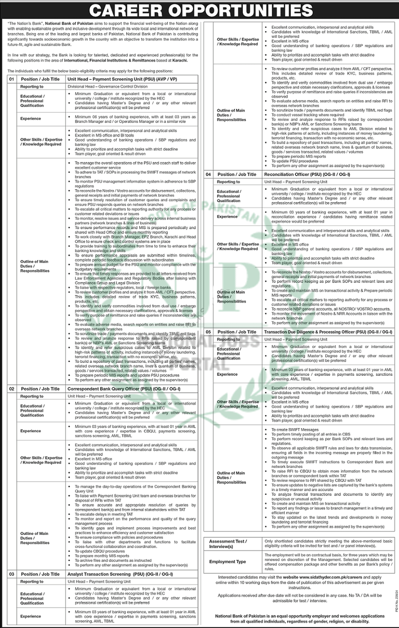 National Bank of Pakistan Jobs 2024 : Online Application