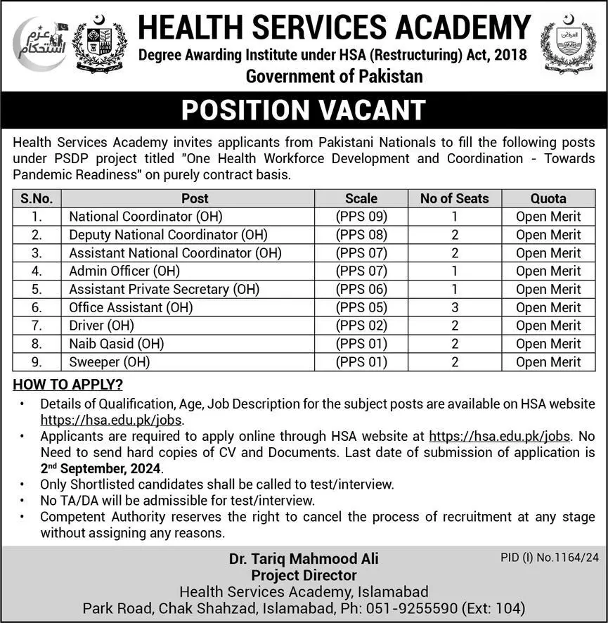 Health Service Academy (HSA) Govt of Pakistan Jobs Aug 2024