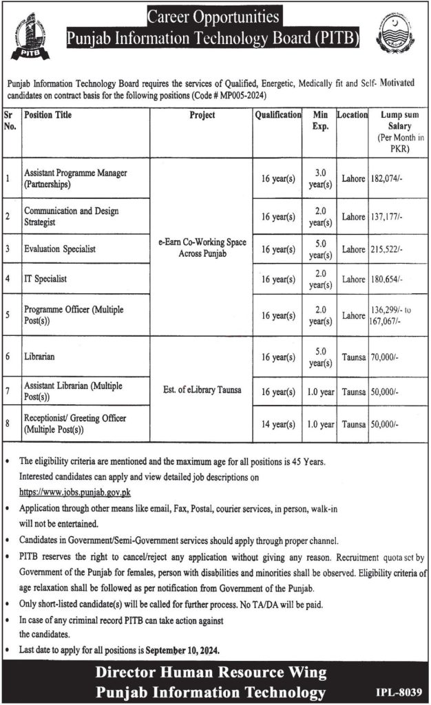 Punjab information Technology Board PITB Jobs 2024