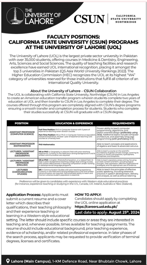 University of Lahore Jobs 2024 - Apply Online