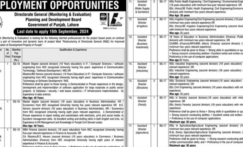 Planning And Development Board Punjab Lahore Jobs 2024