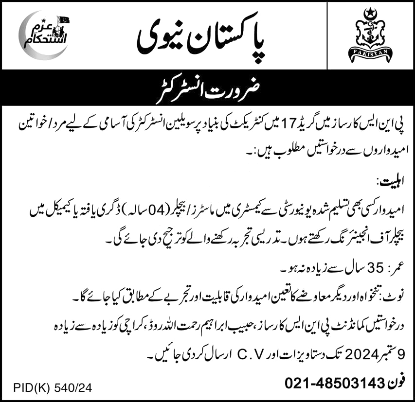 Pakistan Navy ( Instructor BS-17 ) Jobs 2024