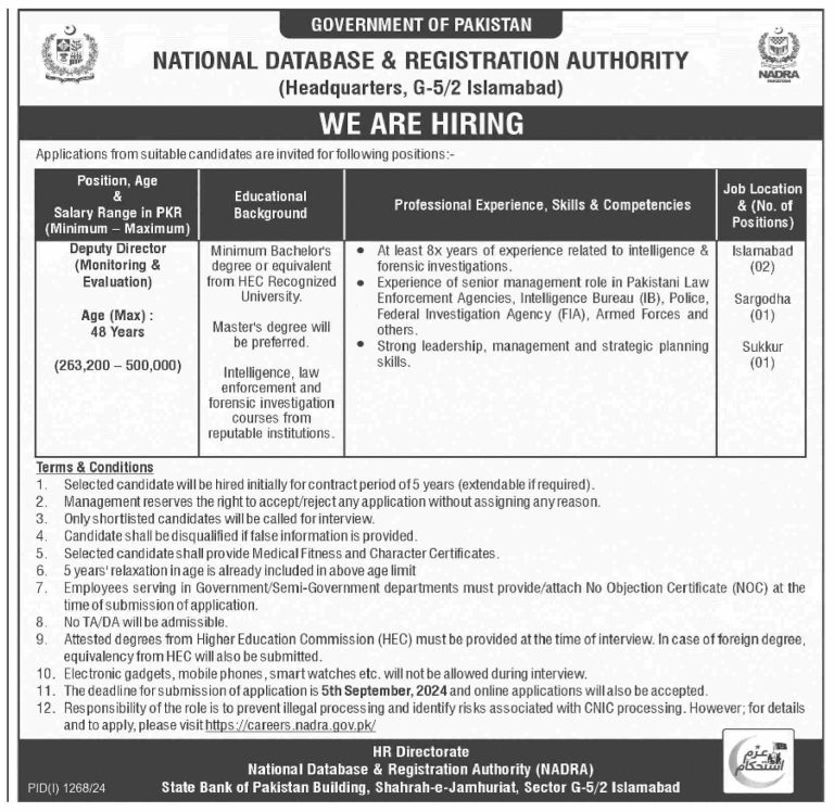 DD Monitoring & Evaluation Job at NADRA 2024 Latest Advertisement