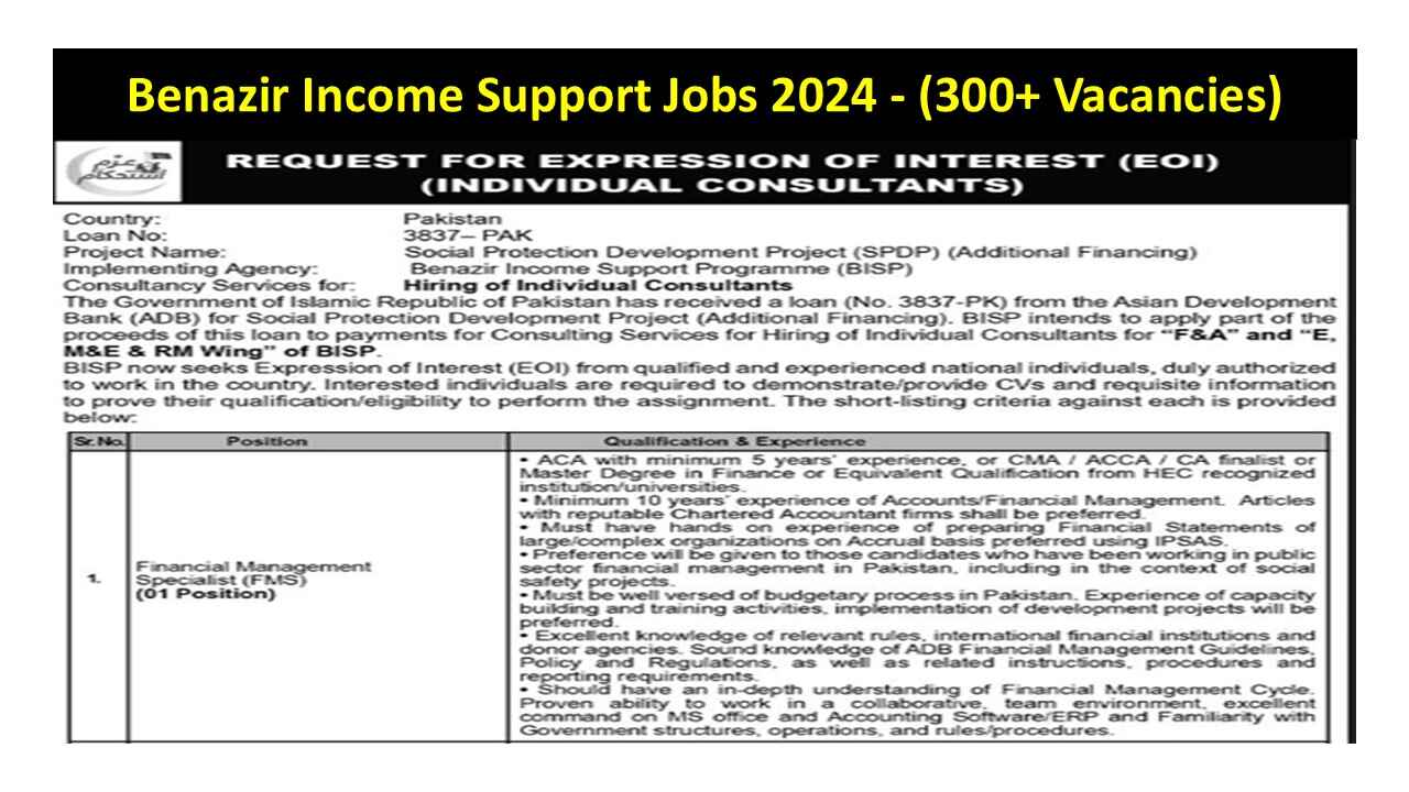 Benazir Income Support Jobs 2024