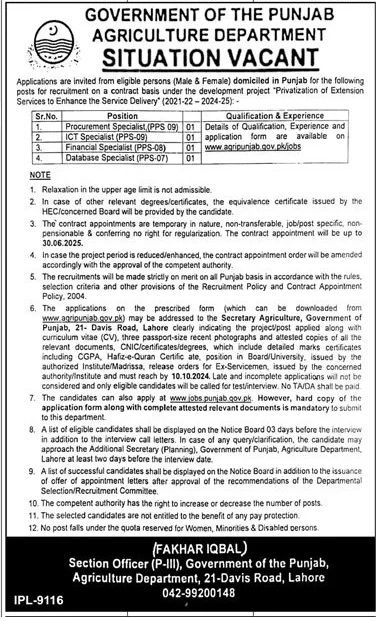 Government of Punjab Jobs 2024: Agriculture Department Recruitment