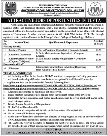 TEVTA college Jobs in Punjab 2024 Advertisement