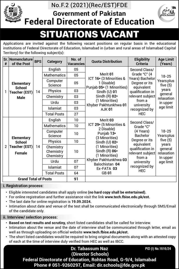 Federal Directorate of Education Elementary School Teachers Jobs 2024