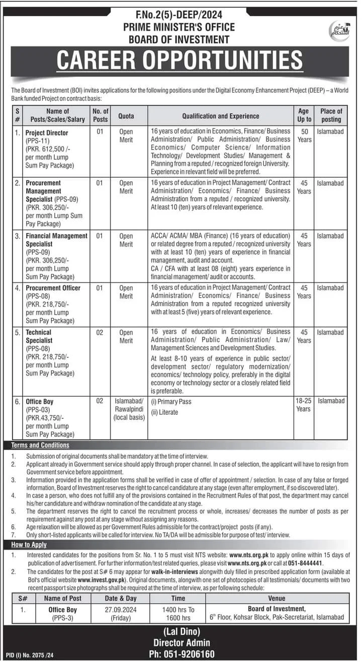 Prime Ministers Office BOI Jobs 2024 New Advertisement