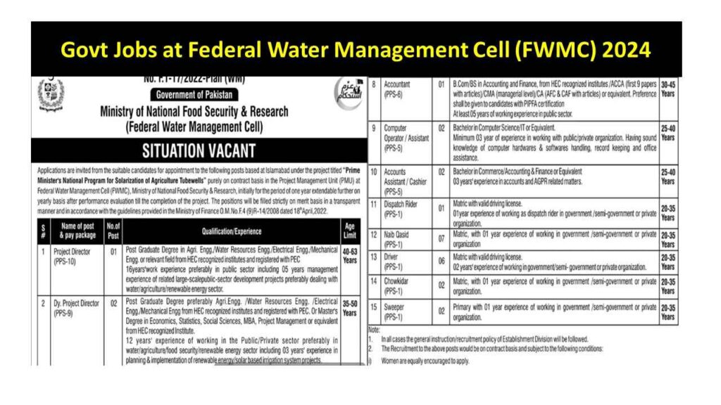 FWMC Govt Jobs 2024: Latest Vacancies at Federal Water Management Cell