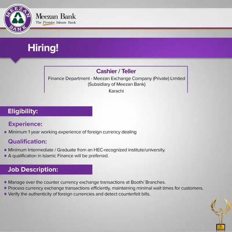 Meezan Bank Cashier Jobs 2024 advertisement