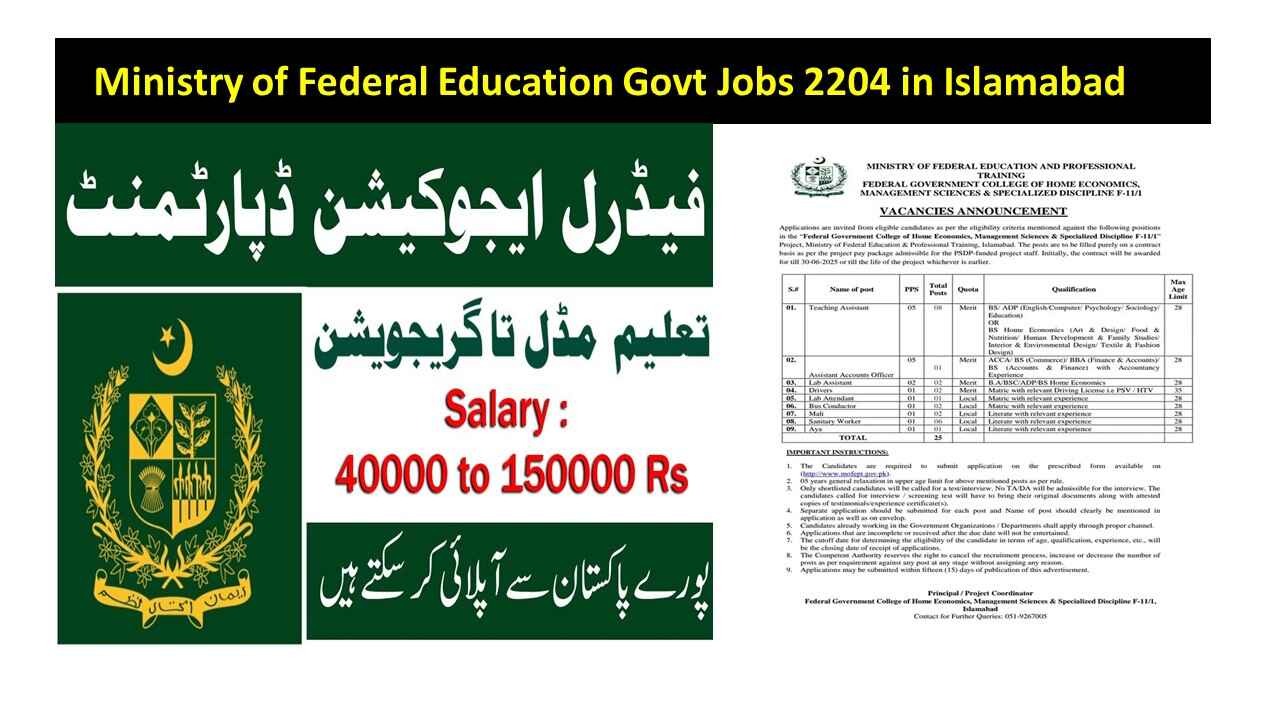 Ministry of Federal Education Govt Jobs 2204 in Islamabad