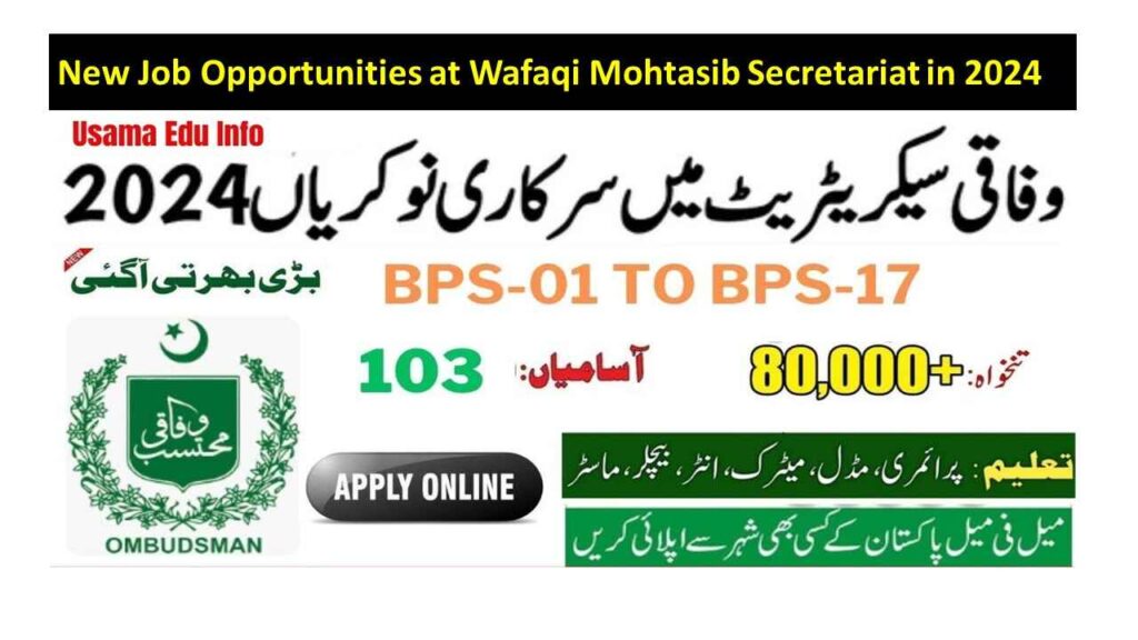 New Job Opportunities at Wafaqi Mohtasib Secretariat in 2024