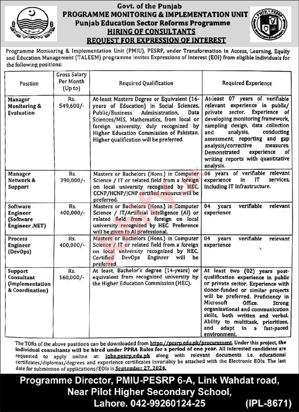 Punjab Education Sector Reforms Programe (PESRP) Jobs 2024 