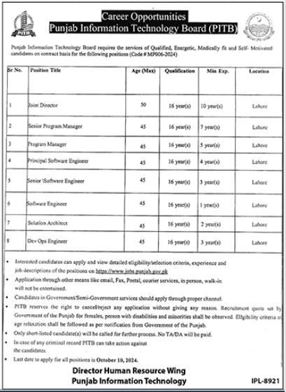 Punjab information Technology Board PITB Jobs in Lahore 2024 advertisement