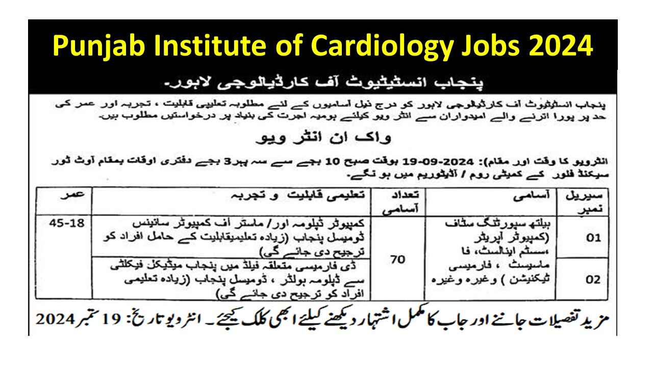 Punjab Institute of Cardiology Jobs 2024