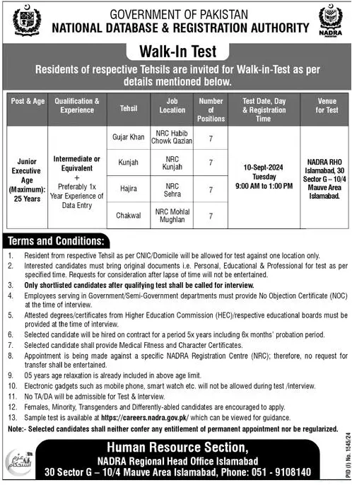 NADRA Jobs September 2024 For Junior Executive