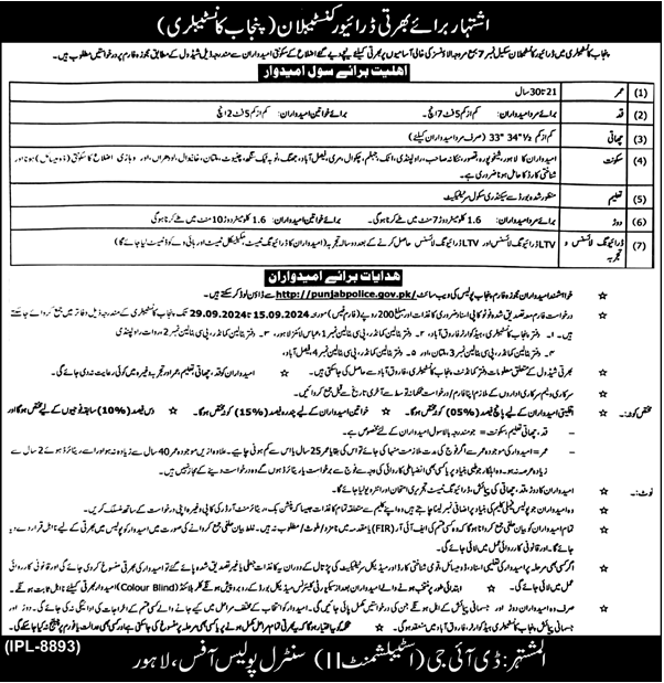 Punjab Police Jobs 2024 For Driver Constable - Latest Job Advertisement