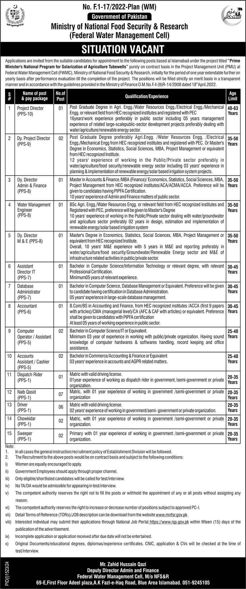 Ministry of National Food Security and Research Jobs 2024