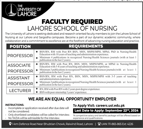 University of Lahore Teaching Jobs 2024 