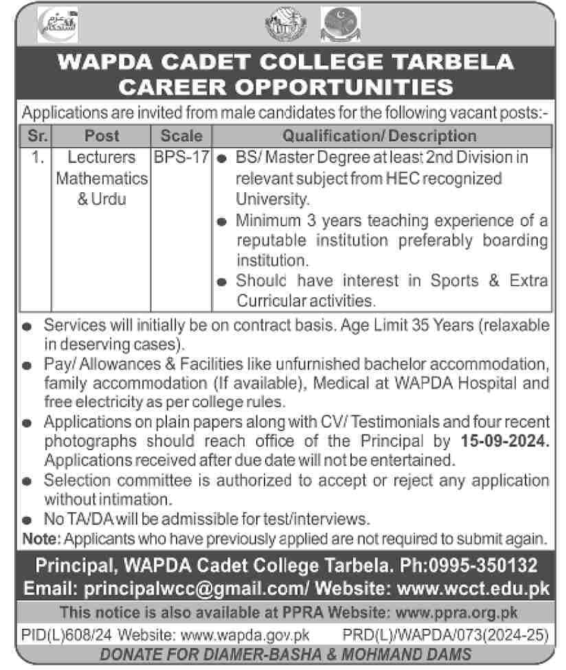 WAPDA Cadet College ( BS-17 ) Lecturer Jobs 2024