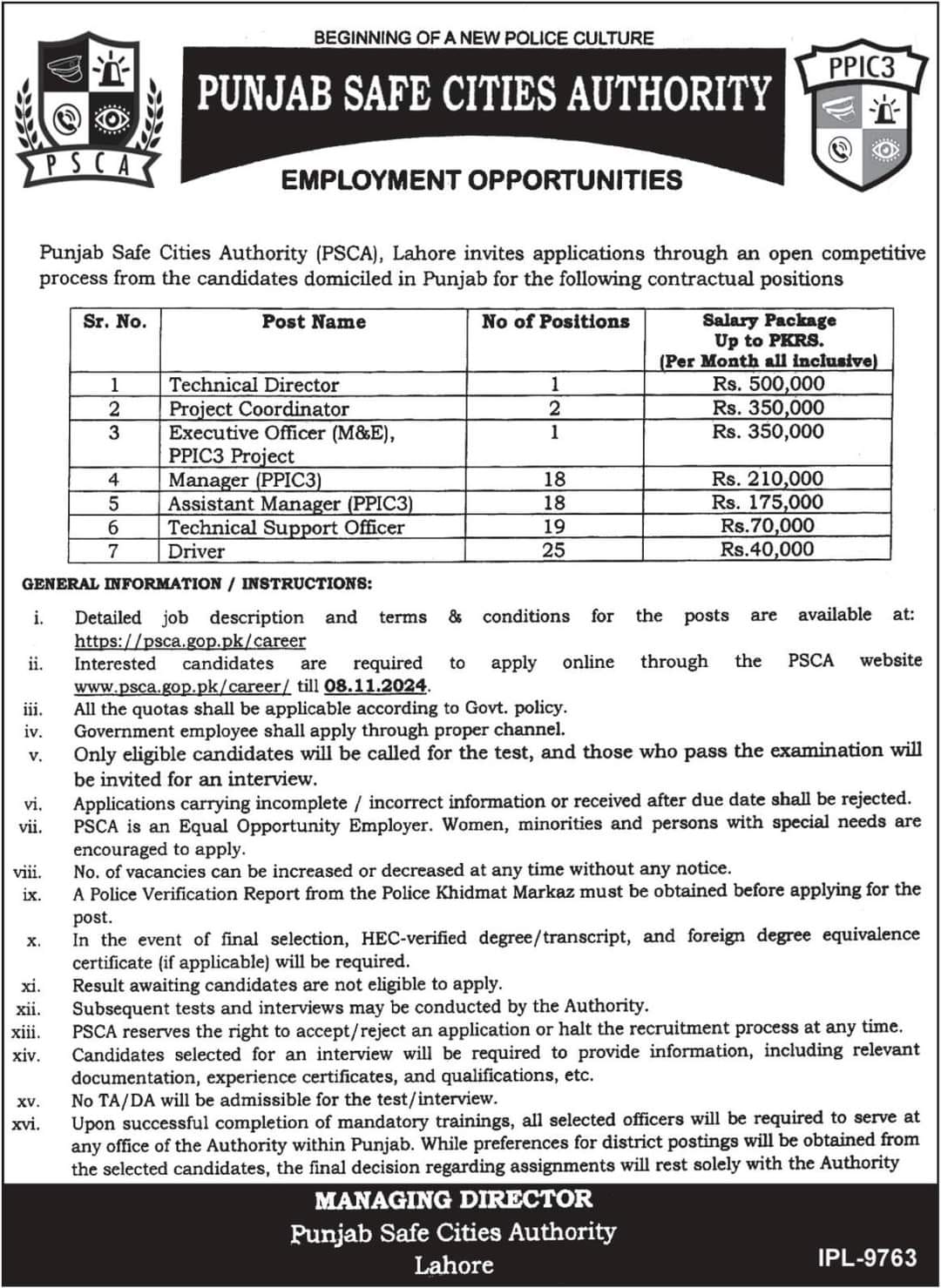 Punjab Safe City Authority PSCA Jobs 2024 