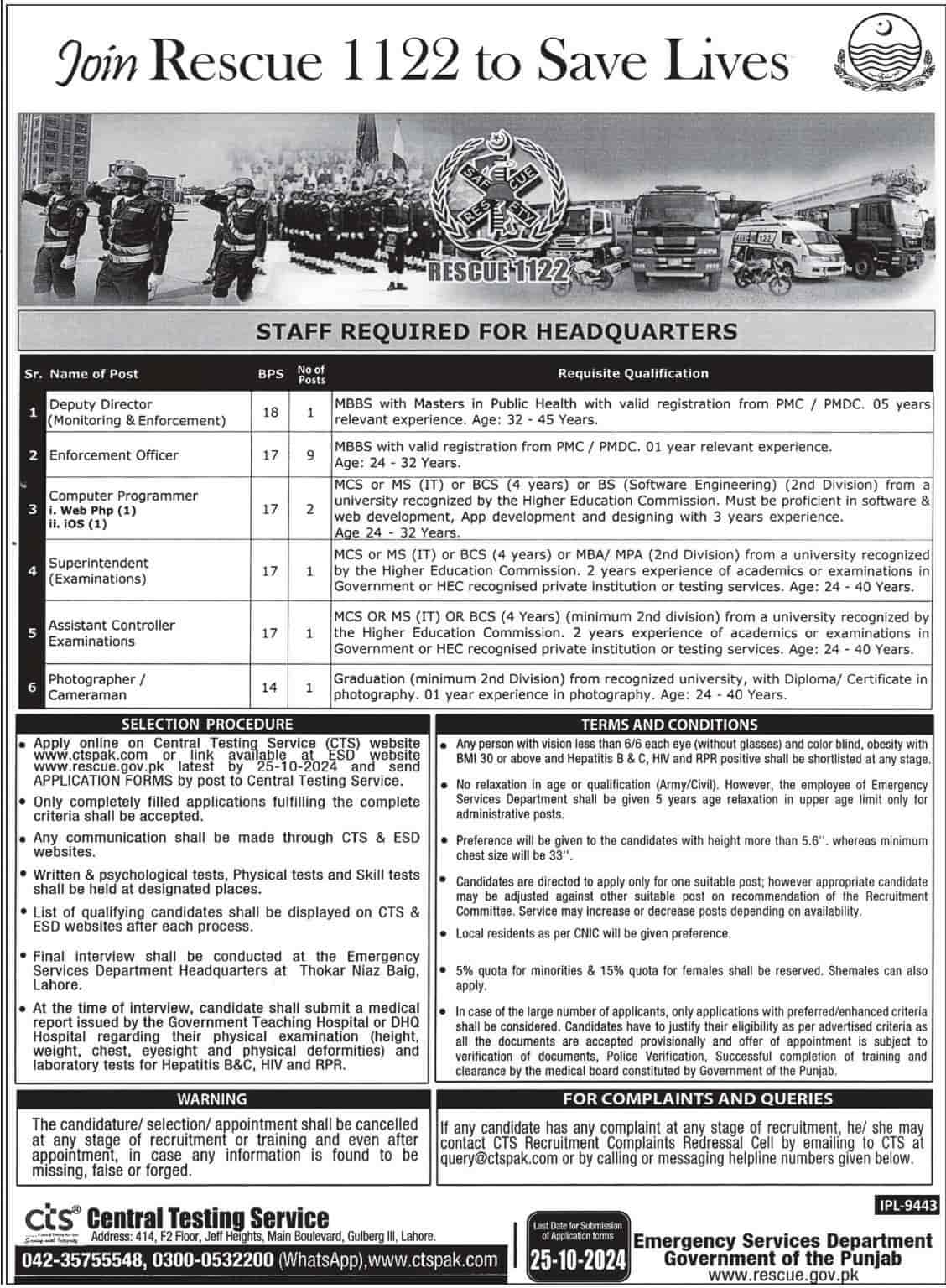 Emergency Service Punjab Rescue 1122 Jobs 2024