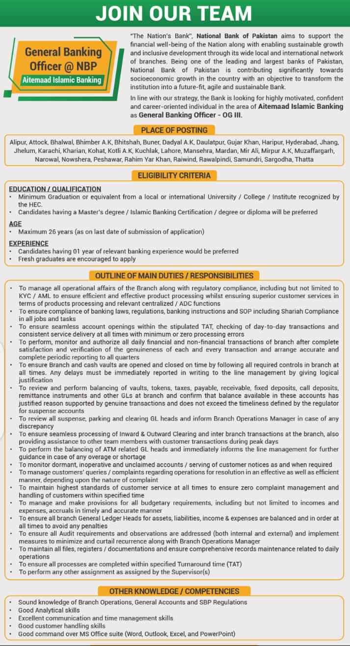 National Bank of Pakistan General Banking Officer OG III Jobs 2024