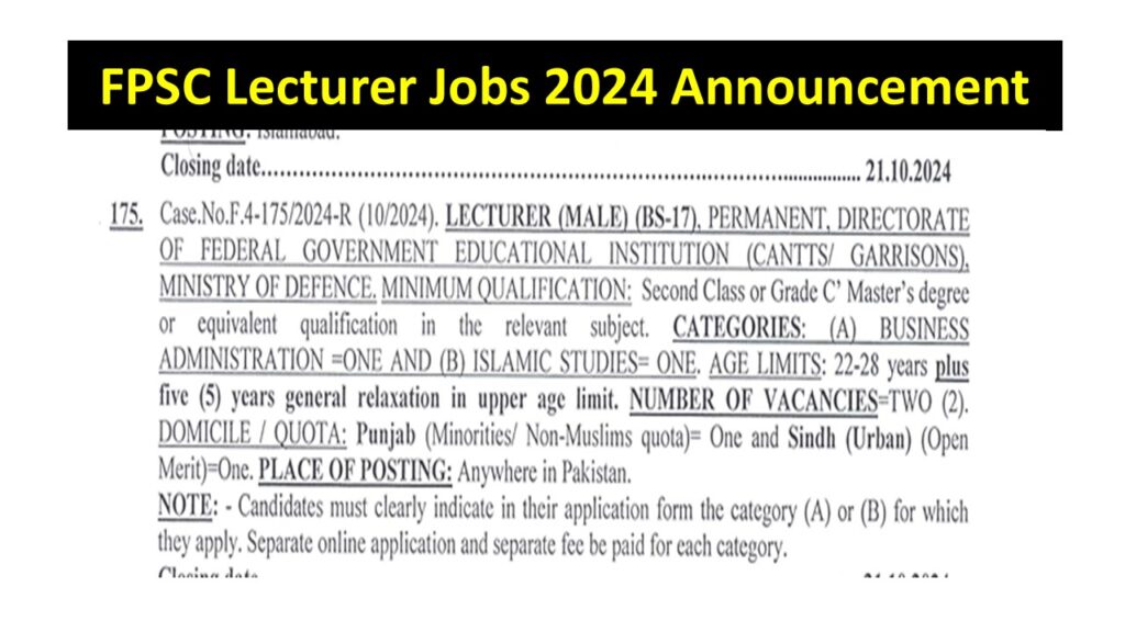 FPSC Lecturer Jobs 2024 Announcement