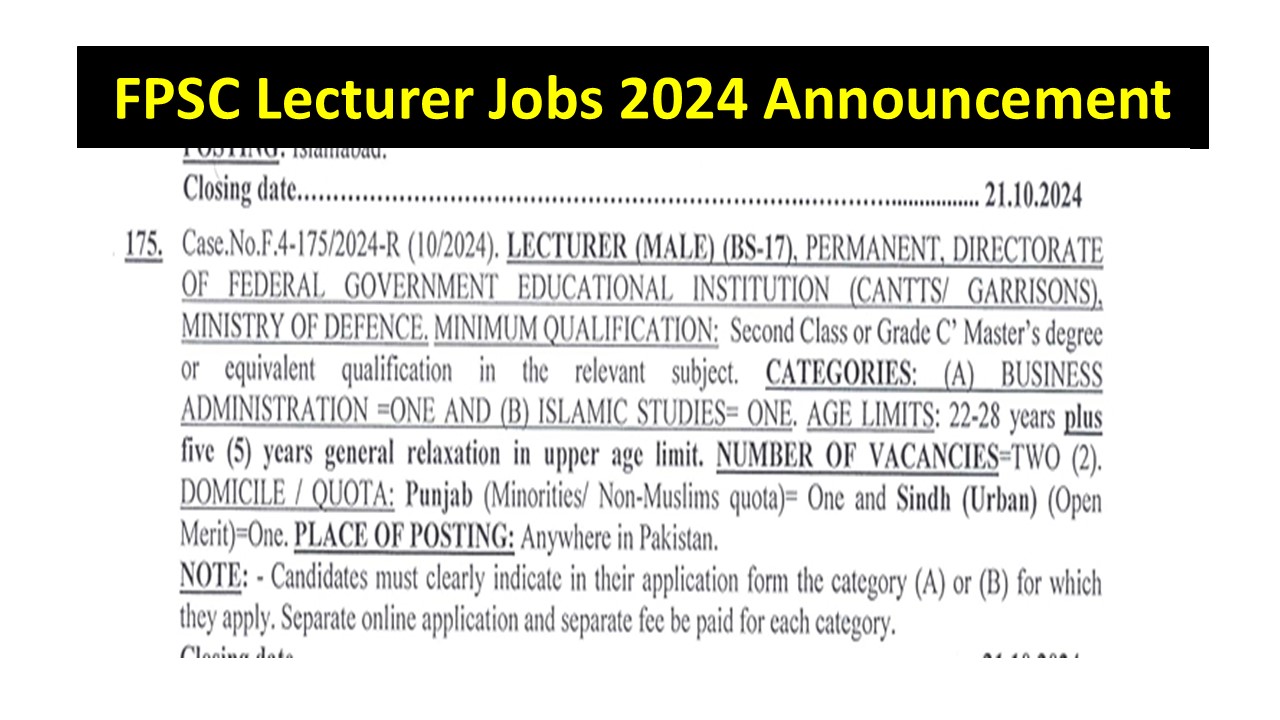 FPSC Lecturer Jobs 2024 Announcement