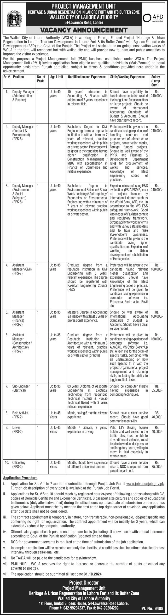 Walled City of Lahore Authority (WCLA) Jobs 2024