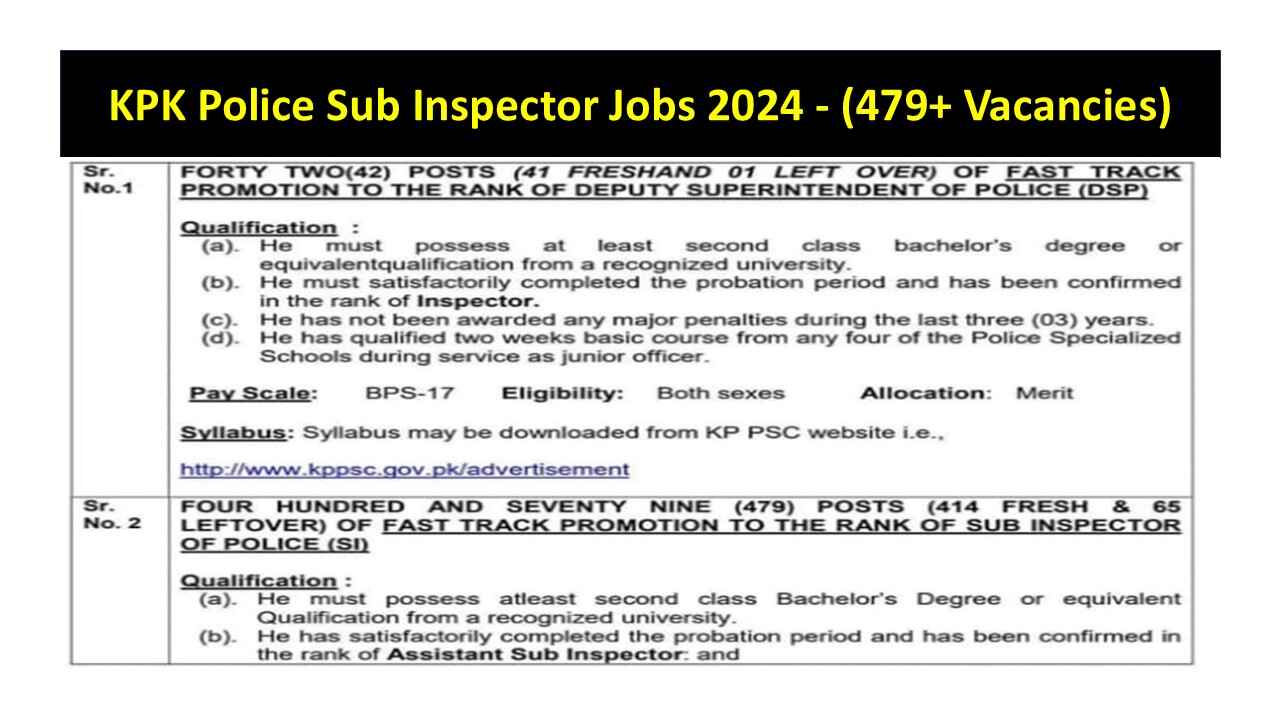 KPK Police Sub Inspector Jobs 2024