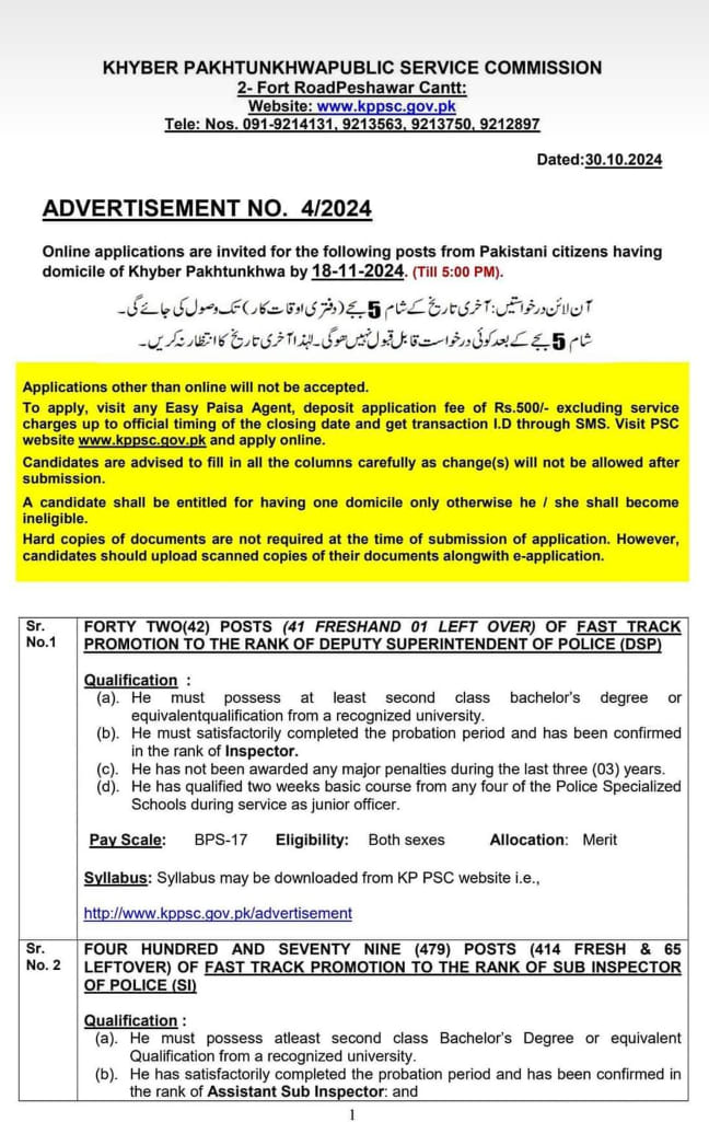 KPK Police Sub Inspector Jobs