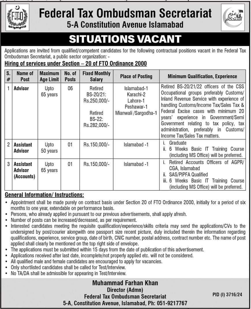 Latest Federal Tax Ombudsman (FTO) Secretariat Vacancies 2024