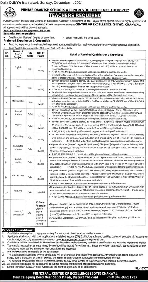 Punjab Danish School Teaching Jobs