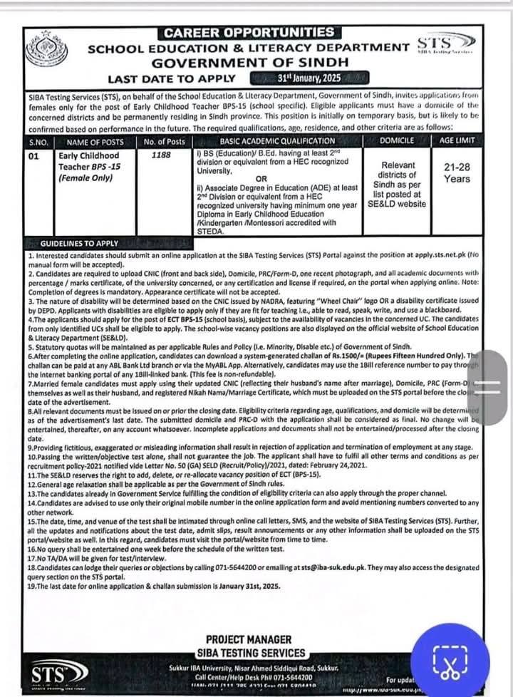 School Education and Literacy Department Sindh Jobs 2025