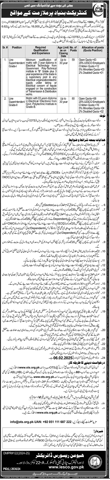 Latest WAPDA LESCO Line Superintendent Jobs 2025 