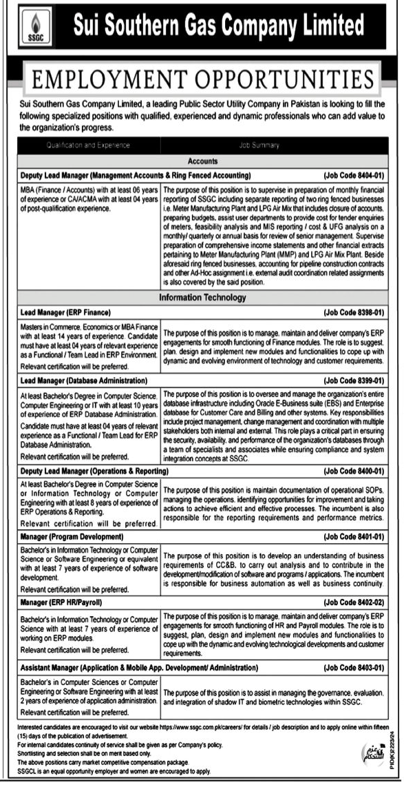 Sui Southern Gas Company Limited Job Openings 2025