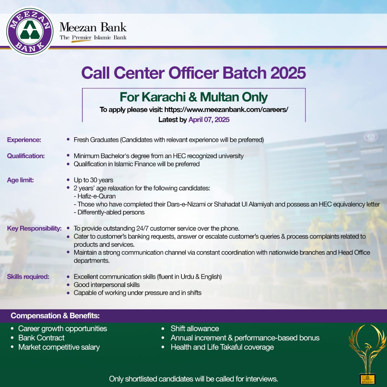 Meezan Bank Call Center Officer Jobs