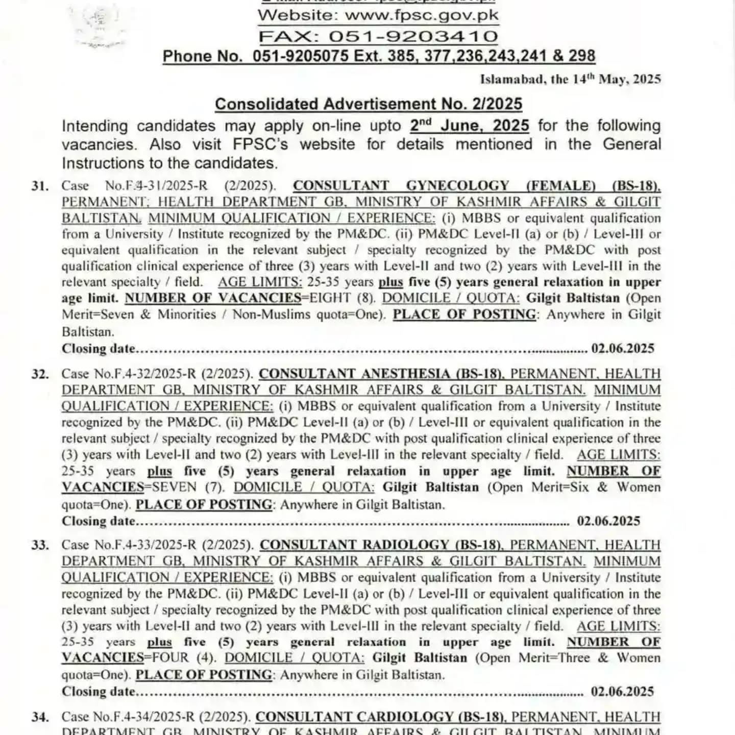 FPSC Jobs May 2025