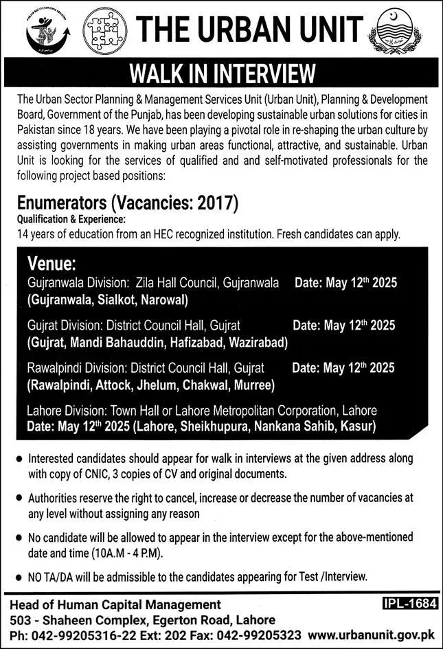 Urban Unit Enumerator Jobs